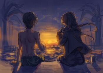 Rule 34 | 1boy, 1girl, alternate costume, baixiang1234567, black hair, braid, commentary request, cup, fate/strange fake, fate (series), floating hair, highres, holding, holding cup, long hair, no name assassin (fate), partially submerged, pool, short hair, sigma (fate), sitting, sunset, topless male, twin braids, water