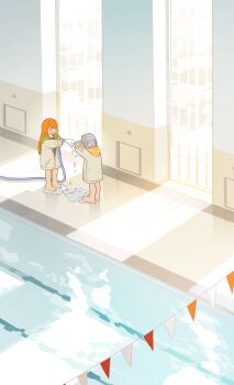 2girls ^_^ absurdres bare_legs barefoot blue_ribbon braid closed_eyes commentary_request full_body gakuen_idolmaster grey_hair grin hair_ribbon half_up_braid highres holding holding_hose hood hooded_jacket hose idolmaster jacket katsuragi_lilja long_hair mole mole_under_eye multiple_girls orange_hair pool poolside prank reflective_floor refraction ribbon ribbon_braid shiun_sumika short_hair smile straight_hair string_of_flags two-sided_fabric two-sided_jacket very_long_hair water_drop white_jacket yofuraruto