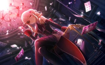 1other ace_(playing_card) ace_of_clubs akiyama_mizuki ascot asymmetrical_shorts bare_shoulders boots bow cape card chandelier club_(shape) collared_shirt colorful_palette crossed_legs detached_sleeves drill_hair drill_sidelocks dutch_angle eight_of_diamonds_(playing_card) feet_out_of_frame floating_card four_of_clubs from_above game_cg gem gloves gold_trim hair_ribbon high_side_ponytail highres holding holding_gem indoors let's_study_hard!_(project_sekai) long_sleeves looking_at_viewer mask nine_of_hearts official_alternate_costume official_alternate_hair_ornament official_art other_focus pink_eyes pink_hair playing_card project_sekai red_ascot red_cape red_gem red_light red_ribbon ribbon shirt sidelocks sitting sitting_on_table six_of_diamonds sleeve_cuffs smile solo_focus table thigh_boots third-party_source white_bow white_gloves white_shirt wing_collar