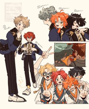 6+boys adjusting_clothes ahoge akehoshi_subaru arm_up black_hair black_pants blonde_hair blue-framed_eyewear blue_eyes blue_jacket chokki_01 closed_eyes closed_mouth commentary diagonal-striped_clothes diagonal-striped_necktie ensemble_stars! full_body glasses green_eyes grey_hair hair_between_eyes hidaka_hokuto highres isara_mao jacket knights_(ensemble_stars!) long_sleeves looking_at_viewer morisawa_chiaki multiple_boys narukami_arashi necktie one_eye_closed open_mouth orange_hair pants purple_eyes red_hair sakuma_ritsu sena_izumi_(ensemble_stars!) shinkai_kanata short_hair simple_background smile standing striped_clothes striped_necktie suou_tsukasa trickstar_(ensemble_stars!) tsukinaga_leo upper_body v white_background yuuki_makoto_(ensemble_stars!)