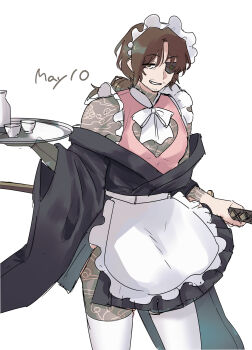 1boy absurdres alcohol alternate_costume amputee apron arm_tattoo bare_shoulders beard_stubble black_kimono bottle bow bowtie brown_hair chest_tattoo choko_(cup) cleavage_cutout clothing_cutout contrast_collar cowboy_shot crossdressing crossdressing_(mtf) cup dated english_text enmaided eyepatch eyes_visible_through_hair facial_hair feet_out_of_frame frilled_apron frilled_headdress frilled_sleeves frills full-body_tattoo gregor_(project_moon) grin hair_between_eyes hand_on_hilt hands_up heart_cutout highres holding holding_plate holding_sword holding_tray holding_weapon japanese_clothes joints katana kikkoinu kimono kimono_skirt kurokumo_clan_(identity)_(project_moon) leg_tattoo limbus_company long_hair long_sleeves long_sleeves_over_sleeveless looking_at_viewer low_ponytail maid maid_apron maid_headdress male_focus male_maid mechanical_arms neck_tattoo off-shoulder_kimono off_shoulder one-eyed one_eye_covered parted_bangs parted_lips pectoral_cleavage pectorals pink_shirt plate ponytail project_moon prosthesis prosthetic_arm ribbon sake sake_bottle shirt short_kimono shoulder_tattoo side_slit simple_background single_mechanical_arm sketch sleeveless sleeveless_shirt smile smirk solo standing stubble sword tattoo tattoo_on_neck tattoo_on_shoulder teeth thighhighs toned toned_male tray wa_maid waist_apron weapon white_apron white_background white_bow white_bowtie white_headdress white_ribbon wide_sleeves yellow_eyes