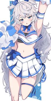 1girl absurdres arm_up armband blue_bow blue_bowtie blue_eyes blue_ribbon blue_skirt blush bow bowtie cheerleader crop_top fluffy_hair goddess_of_victory:_nikke grey_hair hair_ribbon hand_up highres long_hair looking_at_viewer loose_socks navel oi_tie pleated_skirt poli_(cheer_up_police)_(nikke) poli_(nikke) pom_pom_(cheerleading) ribbon shirt shoes skirt sleeveless sneakers socks solo sports_bra standing standing_on_one_leg thigh_strap triangle_mouth two-tone_shirt two_side_up v-shaped_eyebrows very_long_hair white_background white_shirt white_socks