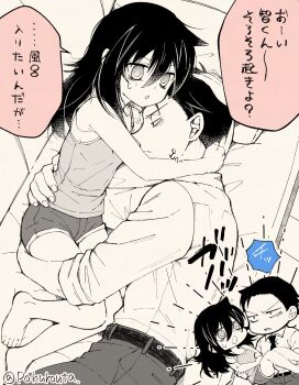 1boy 1girl bags_under_eyes brother_and_sister camisole commentary_request greyscale hair_slicked_back highres hug kuroki_tomoki kuroki_tomoko monochrome necktie pokuron short_shorts shorts siblings sleeves_rolled_up translation_request twitter_username watashi_ga_motenai_no_wa_dou_kangaetemo_omaera_ga_warui!