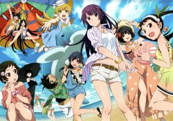 1boy 6+girls :d absurdly_long_hair age_difference ahoge araragi_karen araragi_koyomi araragi_tsukihi arms_up ass ball barefoot beach beachball belt black_dress black_gloves black_hair black_shorts black_umbrella blonde_hair blue_dress blue_eyes blue_shirt blue_sky bow bowtie bracelet breasts brother_and_sister brown_hair child choker cleavage cloud day dolphin dress egg_hair_ornament elbow_gloves floating_hair flower food food-themed_hair_ornament gloves green_ribbon grey_shorts hachikuji_mayoi hair_flower hair_ornament hair_ribbon hairband hanekawa_tsubasa hat height_difference highres holding holding_ball holding_food holding_umbrella ice_cream jacket jewelry kanbaru_suruga leg_up long_dress long_hair long_legs looking_at_viewer medium_breasts midriff miniskirt monogatari_(series) multiple_girls navel necklace non-web_source ocean official_art ononoki_yotsugi open_mouth orange_dress oshino_ougi oshino_shinobu outdoors outstretched_arm petite purple_hair red_eyes red_flower ribbon scan scan_artifacts sengoku_nadeko senjougahara_hitagi shiny_skin shirt short_hair short_shorts short_sleeves shorts siblings side_ponytail sisters sitting skirt sky sleeveless sleeveless_dress sleeveless_shirt smile standing standing_on_one_leg stomach striped_clothes striped_jacket twintails umbrella vertical-striped_clothes vertical-striped_jacket very_long_hair watanabe_akio white_flower white_hairband white_hat white_shirt white_shorts white_skirt wrist_cuffs yellow_bow yellow_bowtie yellow_eyes yellow_hat yellow_shirt