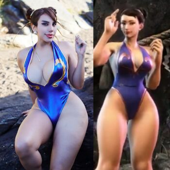 1girl 3d alternate_costume ass barefoot blue_one-piece_swimsuit breasts capcom chilean_(nationality) chun-li chun-li_(cosplay) cleavage_cutout clothing_cutout comparison cosplay curvy day double_bun earrings hair_bun highleg highleg_one-piece_swimsuit highres jewelry large_breasts lips looking_at_viewer missyle_fg one-piece_swimsuit photo_(medium) real_life sitting smile solo standing street_fighter sunglasses swimsuit third-party_edit water wide_hips