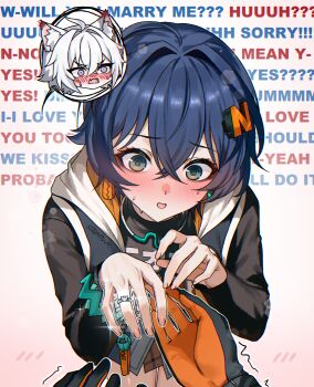 1boy 1girl absurdres animal_ear_fluff animal_ears belle_(zenless_zone_zero) blue_hair blush cat_boy cat_ears chibi earrings english_text fingernails gloves green_eyes hair_between_eyes hair_ornament hand_focus hetero highres hood hood_down jewelry letter_hair_ornament marriage_proposal nervous nose_blush open_mouth pov pov_hands purple_eyes ring self-upload seth_lowell signature simple_background spoken_blush sweat trembling white_hair white_kojinak zenless_zone_zero