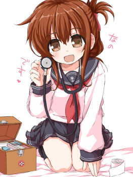 1girl :d anchor_symbol bandages bed_sheet blue_sailor_collar blue_skirt brown_eyes brown_hair commentary_request first_aid_kit folded_ponytail full_body holding holding_stethoscope inazuma_(kancolle) kantai_collection long_hair long_sleeves looking_at_viewer naitou_kouse neckerchief open_mouth red_neckerchief sailor_collar school_uniform seiza serafuku shirt sitting skirt smile solo stethoscope stethoscope_around_neck translation_request white_background white_shirt
