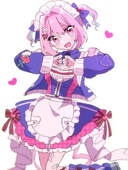 Rule 34 | 1girl, apron, aqua hair, aqua nails, bandaid on thigh, blue bow, blue dress, blue jacket, blue leg warmers, blue sleeves, blush, bow, breasts, brooch, chocolate hair ornament, cross hair ornament, crossed bandaids, dress, fangs, fingernails, food-themed hair ornament, grey footwear, hair bow, hair intakes, hair ornament, heart, heart brooch, heart hands, heart in eye, highres, idolmaster, idolmaster cinderella girls, idolmaster cinderella girls starlight stage, jacket, jewelry, leg up, leg warmers, looking at viewer, maid headdress, mizumi (mizmi), multicolored hair, nail polish, open mouth, own hands together, pink eyes, pink hair, pink nails, plaid clothes, plaid dress, ribbon, short hair, simple background, skin fangs, smile, solo, symbol in eye, thighs, twintails, two-tone hair, waist apron, white apron, white background, yumemi riamu