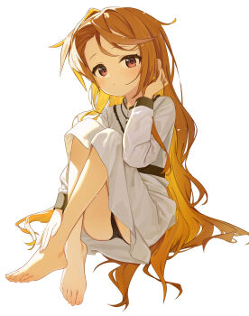 1girl aqoot barefoot blush brown_hair feet highres long_hair looking_at_viewer original panties pantyshot red_eyes toes underwear