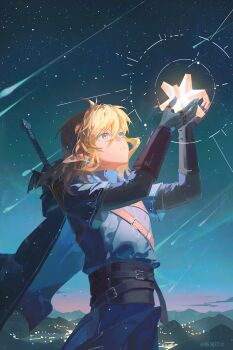 1boy absurdres arm_up blonde_hair blue_eyes dusk earrings gejiandenghuo highres holding jewelry link nintendo pointy_ears ring shooting_star solo standing the_legend_of_zelda