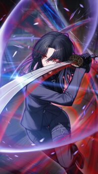 Rule 34 | 1girl, absurdres, afterimage, belt, black gloves, black hair, black shirt, commentary, eye trail, fighting stance, formal clothes, full body, gloves, glowing, glowing eyes, highres, holding, holding sword, holding weapon, indoors, jacket, light trail, limbus company, long hair, long sleeves, motion blur, multicolored hair, necktie, ootachi, ox guard, pants, parted bangs, pinky (identity) (project moon), project moon, purple jacket, purple necktie, purple pants, purple streaks, red eyes, ryoshu (project moon), shirt, slashing, solo, streaked hair, suit, sword, thigh belt, thigh strap, weapon, zerobig