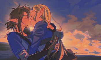 1boy 1girl arm_around_back black_gloves blonde_hair blue_shirt blue_tunic braid closed_eyes commentary_request couple crown_braid fingerless_gloves gloves hair_between_eyes hand_in_another&#039;s_hair hand_on_another&#039;s_neck hetero highres juliet_sleeves kiss link long_hair long_sleeves medium_hair nintendo parted_bangs pointy_ears ponytail princess_zelda puffy_sleeves shirt shuo_yue sidelocks sunset sweat the_legend_of_zelda the_legend_of_zelda:_breath_of_the_wild tunic twitter_username upper_body