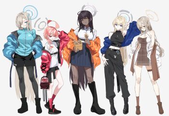 5girls absurdres ahoge akane_(blue_archive) asuna_(blue_archive) bag bare_shoulders black_boots black_hair black_halo black_pants black_shirt black_shoes black_shorts blonde_hair blue_archive blue_eyes blue_halo blue_jacket blue_skirt boots breasts brown_dress brown_eyes brown_hair brown_halo brown_shoes brown_socks chicken_(food) cleaning_&amp;_clearing_(blue_archive) crop_top dark-skinned_female dark_skin dress food fried_chicken grin hair_between_eyes hair_over_one_eye hair_ribbon halo handbag highres holding holding_food huge_ahoge jacket karin_(blue_archive) large_breasts long_hair looking_at_viewer medium_breasts midriff multicolored_halo multiple_girls navel neru_(blue_archive) not_forever2w orange_jacket pants pantyhose purple_halo red_eyes red_hair red_jacket red_socks ribbon shirt shoes short_hair shorts skirt small_breasts smile socks thigh_strap thighs toki_(blue_archive) track_jacket two-tone_halo v very_long_hair white_background white_dress white_jacket white_shirt yellow_eyes yellow_halo