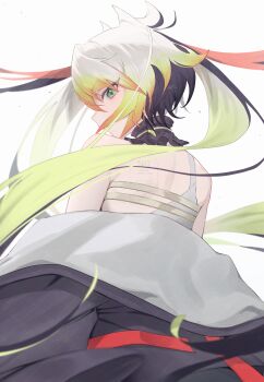 1girl absurdres back black_hair black_jacket commentary from_behind green_eyes green_hair hair_between_eyes highres jacket long_hair looking_back melissa_kinrenka melissa_kinrenka_(1st_costume) multicolored_hair nijisanji off_shoulder open_clothes open_jacket orange_hair red_hair simple_background solo symbol-only_commentary virtual_youtuber watermark white_background white_hair yazune