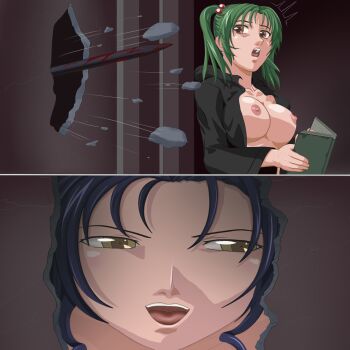 2girls bible_black bible_black_gaiden blood blue_hair book breasts green_hair here's_johnny!_(meme) highres kozono_nami large_breasts meme morita_rie multiple_girls scary sword weapon