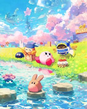 :o ^_^ absurdres apple artist_name bandana bandana_waddle_dee basket blue_bandana blue_eyes blue_sky blush blush_stickers cappy_(kirby) cherry_blossoms chip_(kirby) closed_eyes cloud commentary_request day fishing fishing_rod flower food forest fruit glunk_(kirby) gooey_(kirby) grass highres holding holding_fishing_rod kirby kirby&#039;s_return_to_dream_land kirby&#039;s_return_to_dream_land_deluxe kirby_(series) lily_pad looking_back lor_starcutter magolor mariel_(kirby) nature nintendo no_humans open_mouth outdoors pink_flower plant polof rabbit rayman_limbs red_flower rock rocky_(kirby) scenery ship sitting sky star_(symbol) star_block stepping_stones suyasuyabi tree tulip_(kirby) twitter_username ufo_(kirby) waddle_doo water watercraft yellow_flower