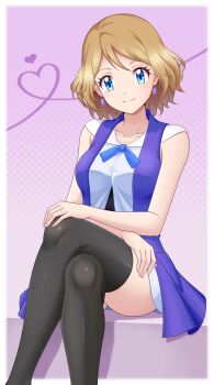 1girl absurdres black_thighhighs blonde_hair blue_eyes blue_ribbon breasts closed_mouth commentary_request crossed_legs earrings eyelashes highres jewelry looking_at_viewer neck_ribbon nintendo pokemon pokemon_(anime) pokemon_the_series:_xy ribbon serena_(pokemon) shirt short_hair sitting skirt sleeveless sleeveless_shirt smile solo thighhighs zeki231