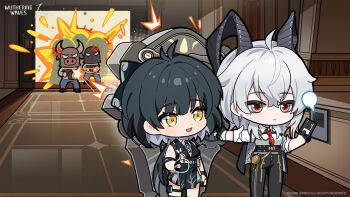 2boys 2girls black_dress black_hair black_horns black_jacket black_pants breasts card chest_harness chibi chibi_only collared_shirt colored_inner_hair commentary curled_horns dress earrings english_commentary female_rover_(wuthering_waves) firing grey_hair gun hair_between_eyes harness highres holding holding_card holding_gun holding_weapon horns indoors jacket jacket_on_shoulders jewelry key_earrings keycard logo looking_at_another mask medium_breasts multicolored_eyes multicolored_hair multiple_boys multiple_girls necktie official_art open_mouth pants red_eyes red_necktie rover_(wuthering_waves) shield shirt shirt_tucked_in smile streaked_hair thumbs_up two-tone_eyes weapon white_hair white_shirt wuthering_waves yellow_eyes zani_(wuthering_waves)