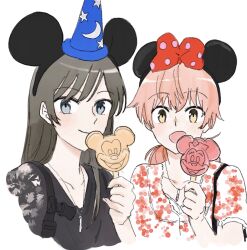 Rule 34 | 2girls, black hair, black shirt, blue eyes, candy, closed mouth, commentary request, food, hand up, highres, holding, holding candy, holding food, holding lollipop, jewelry, koito yuu, lollipop, long hair, mickey mouse ears, minnie mouse ears, multiple girls, nanami touko, necklace, nyamo, open mouth, orange hair, shirt, short sleeves, short twintails, simple background, smile, twintails, upper body, white background, white shirt, yagate kimi ni naru, yellow eyes