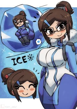 &gt;_&lt; 1girl absurdres blizzard_(company) blue_background blue_bodysuit blue_gloves blush bodysuit boots brown_eyes brown_hair closed_eyes fetal_position frozen fur-trimmed_hood fur_trim glasses gloves grey_boots hair_ornament hairclip heart highres hood ice long_sleeves looking_at_viewer mei_(overwatch) multiple_views overwatch ponytail short_hair smile snowflakes sparkle speech_bubble spoken_heart standing thick_thighs thighs tony_welt wide_hips