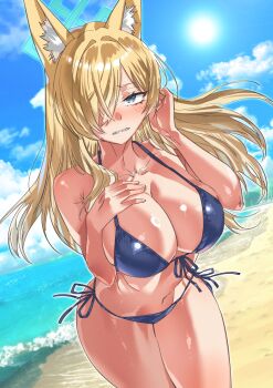 1girl absurdres adjusting_hair alternate_breast_size_(larger) alternate_costume animal_ear_fluff animal_ears bare_arms beach bikini blonde_hair blue_archive blue_bikini blue_eyes blue_halo blue_sky blush breast_suppress breasts cleavage clenched_teeth collarbone commentary cowboy_shot day dog_ears dog_girl dutch_angle embarrassed eyelashes floating_hair front-tie_bikini_top front-tie_top furrowed_brow hair_intakes hair_over_one_eye halo halterneck hands_up highres huge_breasts kanna_(blue_archive) leaning_forward long_hair looking_at_viewer namaniku_(user_nxxf7457) navel ocean outdoors sharp_teeth side-tie_bikini_bottom sidelocks sky solo sun sunlight swimsuit teeth thighs tsurime upturned_eyes