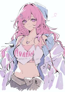 1girl camisole cyrene_(honkai:_star_rail) cyrene_(nylon_japan)_(honkai:_star_rail) cyrene_(ripples_of_past_reverie)_(honkai:_star_rail) diamond-shaped_pupils diamond_(shape) heart highres honkai:_star_rail honkai_(series) navel official_alternate_costume pink_camisole pink_hair pointy_ears simple_background smile solo symbol-shaped_pupils white_background zv0301