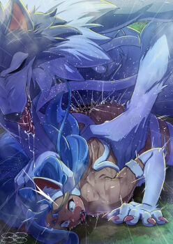 1boy 1girl ajula_wachula animal_ears animal_hands animal_penis big_hair blue_hair body_fur cat_ears cat_girl claws commentary_request commission darkstalkers fangs felicia_(darkstalkers) furry furry_male furry_with_non-furry highres interspecies jon_talbain knotted_penis open_mouth penis pinned prone_bone rape saliva sex sex_from_behind sharp_teeth skeb_commission teeth variant_set werewolf white_fur wolf_boy