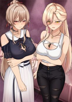 2girls absurdres arm_under_breasts bedroom between_breasts black_pants black_shirt breasts brown_hair cleavage collarbone commentary_request condom condom_wrapper crop_top earrings ekibyoudayo furen_e_lustario heart heart_earrings high_ponytail highres jewelry large_breasts long_hair looking_at_viewer midriff multiple_girls necklace nijisanji nui_sociere pants ponytail shirt skirt tank_top torn_clothes torn_pants v-shaped_eyebrows very_long_hair virtual_youtuber white_skirt white_tank_top yellow_eyes