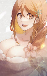 Rule 34 | 1girl, :d, alternate costume, alternate hairstyle, bikini, bleach, braid, braided ponytail, breasts, brown eyes, cleavage, close-up, collarbone, commentary request, double-parted bangs, eyelashes, flower, gem, hair between eyes, hair flower, hair ornament, hair over shoulder, hairpin, happy, highres, inoue orihime, large breasts, long hair, looking at viewer, open mouth, orange hair, pearl (gemstone), pearl hair ornament, pink flower, smile, solo, sumire 1046, swimsuit, symmetrical hand pose, tareme, white bikini