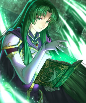 aerokinesis armor book breastplate cecilia_(fire_emblem) cloak delsaber fire_emblem fire_emblem:_the_binding_blade gloves green_eyes green_hair highres holding holding_book looking_at_viewer nintendo parted_bangs pauldrons purple_cloak purple_shirt shirt shoulder_armor smile white_gloves wind