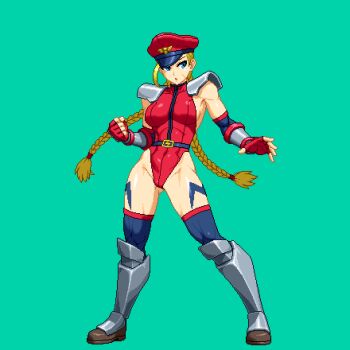 1girl aoi_ship armor armored_boots blonde_hair blue_eyes boots braid braided_twintails breasts cammy_white cosplay elbow_gloves facial_scar fingerless_gloves full_body gloves green_background hair_pulled_back hat leg_tattoo leotard long_hair low_twintails m._bison m._bison_(cosplay) medium_breasts muscular muscular_female peaked_cap pixel_art red_gloves red_leotard scar scar_on_cheek scar_on_face shoulder_armor solo standing street_fighter tattoo thighhighs twintails vambraces variant_set very_long_hair