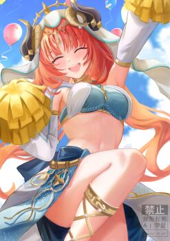 1girl balloon blue_gemstone blue_skirt blush breasts circlet commentary_request crop_top fake_horns gem genshin_impact gold_trim highres holding holding_pom_poms horns kazuki_(kazuki_01) long_hair long_sleeves medium_breasts navel nilou_(genshin_impact) open_mouth pom_pom_(cheerleading) pom_poms puffy_long_sleeves puffy_sleeves red_hair skirt solo stomach teeth upper_teeth_only veil very_long_hair white_veil