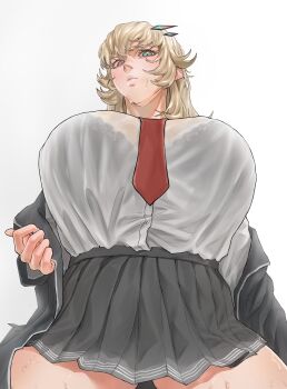 1girl 2024 aqua_eyes barghest_(fate) black_jacket blonde_hair bra_visible_through_clothes breasts commentary_request cowboy_shot dress_shirt fate/grand_order fate_(series) female_focus from_below grey_skirt heterochromia highres huge_breasts jacket long_hair miniskirt necktie off_shoulder open_clothes open_jacket parted_lips pink_lips pleated_skirt red_eyes red_necktie school_uniform shirt simple_background skirt solo sweat tented_shirt tonko_from underboob underbust white_background white_shirt