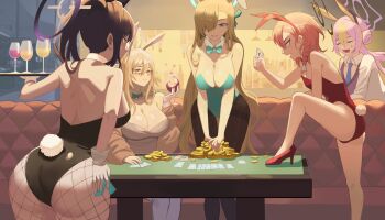 5girls absurdres akane_(blue_archive) akane_(bunny)_(blue_archive) animal_ear_hairband animal_ears ass asuna_(blue_archive) asuna_(bunny)_(blue_archive) black_hair black_hiphighs black_leotard blonde_hair blue_archive blue_eyes blue_leotard breasts brown_hair cleavage closed_mouth coin coin_stack commentary_request couch cup drinking_glass fake_animal_ears fake_tail fishnet_pantyhose fishnets gold_coin hair_over_one_eye hairband high_heels highres hiphighs holding holding_tray indoors karin_(blue_archive) karin_(bunny)_(blue_archive) koyuki_(blue_archive) large_breasts leotard long_hair medium_hair multiple_girls neru_(blue_archive) neru_(bunny)_(blue_archive) official_alternate_costume on_couch one_eye_covered open_mouth oro_(lsg0624) pantyhose pink_hair playboy_bunny rabbit_ear_hairband rabbit_ears rabbit_tail red_leotard red_shoes shoes sitting small_breasts smile strapless strapless_leotard table tail tray uneven_footing