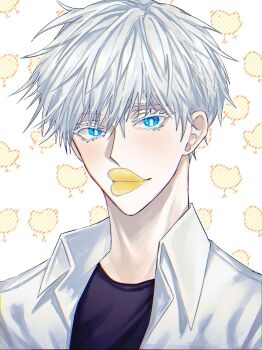 1boy albino bishounen blue_eyes blush colored_eyelashes duck_face gojou_satoru highres jujutsu_kaisen looking_at_viewer shirt white_hair white_shirt