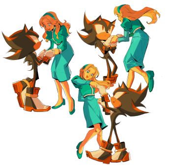 1boy 1girl absurdres aqua_eyes aqua_hairband aqua_jacket aqua_shoes aqua_skirt blonde_hair boots breasts dancing full_body furry furry_male gloves hairband hedgehog_boy highres holding_hands jacket juliet_sleeves lemolunes long_hair long_sleeves looking_at_another maria_robotnik medium_breasts multiple_views open_mouth parted_bangs puffy_sleeves red_eyes shadow_the_hedgehog shoes skirt smile sonic_(live_action) sonic_(series) sonic_the_hedgehog_3_(movie) white_background white_gloves