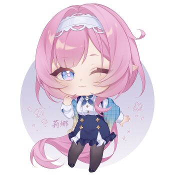 1girl ;3 black_pantyhose blue_eyes blue_scarf blue_skirt breasts chibi chibi_only commentary elf elysia_(coco)_(honkai_impact) elysia_(honkai_impact) english_commentary hairband highres honkai_(series) honkai_impact_3rd long_hair looking_at_viewer official_alternate_costume one_eye_closed oval_background pantyhose pink_hair pointy_ears rin_(bakariiin) scarf shirt skirt smile solo translation_request very_long_hair white_background white_hairband white_shirt