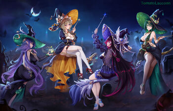 4girls alternate_costume arm_under_breasts artist_name ashru_(genshin_impact) ass backless_dress backless_outfit bare_shoulders bat_(animal) black_cat black_dress black_hair black_hat black_shoes black_thighhighs blue_dress blue_eyes blush breasts broom broom_riding brown_hair candle cat cleavage closed_eyes closed_mouth columbina_(genshin_impact) commentary crescent_moon dress english_commentary eye_mask from_behind full_body genshin_impact green_eyes green_hair hair_between_eyes hand_up hat head_wings high_heels highres holding holding_wand large_breasts lauma_(genshin_impact) long_hair long_sleeves looking_at_viewer mask medium_breasts mole mole_under_eye moon multicolored_hair multiple_girls multiple_wings nail_polish nefer_(genshin_impact) night night_sky object_floating_above_hand outdoors oversized_object parted_lips pink_hair pointy_ears puffy_long_sleeves puffy_sleeves purple_hair purple_nails sandrone_(genshin_impact) shoes sideboob sidesaddle sitting sky sleeveless sleeveless_dress solo streaked_hair symbol-shaped_pupils teeth thighhighs tomatolaccoon triangle-shaped_pupils two-tone_hair upper_teeth_only very_long_hair wand white_mask white_thighhighs white_wings wings witch witch_hat x-shaped_eyewear