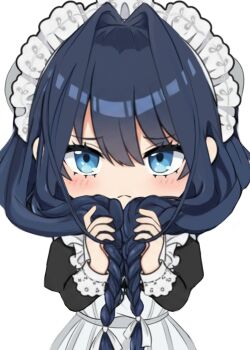 1girl apron black_dress black_hair blue_eyes blush braid braided_twintails breasts bunching_hair commentary dress frilled_apron frilled_hat frills grabbing_own_hair hair_intakes hat highres holding holding_own_hair hololive hololive_english large_breasts long_hair long_sleeves looking_at_viewer low_twin_braids low_twintails maid maid_apron mob_cap official_alternate_costume official_alternate_hairstyle ouro_kronii ouro_kronii_(maid) shy simple_background solo strawberryxpng symbol-only_commentary twin_braids twintails victorian_maid virtual_youtuber white_apron white_background white_hat