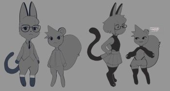 2boys animal_crossing cat cat_boy crossdressing crossdressing_(mtf) ear_piercing furry furry_male glasses highres marshal_(animal_crossing) multiple_boys nintendo piercing raymond_(animal_crossing) shorts sincastermon skirt squirrel squirrel_boy standing thighhighs trap