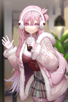 1girl absurdres blurry blurry_background breasts closed_mouth commentary cup depth_of_field disposable_cup drinking_straw earmuffs facial_mark fur-trimmed_jacket fur-trimmed_sleeves fur_trim gloves gradient_hair grey_pantyhose hair_between_eyes hair_ornament hairclip heart heart_hair_ornament highres holding holding_cup jacket jewelry large_breasts lloule long_hair long_sleeves looking_at_viewer multicolored_hair necklace open_clothes open_jacket original pantyhose pearl_necklace pink_eyes pink_hair pink_jacket plaid_clothes plaid_skirt pleated_skirt puffy_long_sleeves puffy_sleeves purple_hair shirt skirt smile solo symbol-only_commentary very_long_hair white_gloves white_shirt