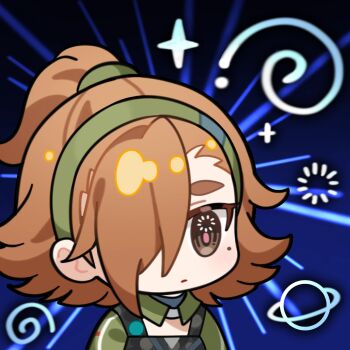 1girl artist_request bathilde_(girls&#039;_frontline_2) brown_eyes bulletproof_vest chibi chibi_only chinese_commentary closed_mouth expressionless girls&#039;_frontline girls&#039;_frontline_2:_exilium green_hairband green_shrug hair_over_one_eye hairband highres loading_icon mole mole_under_eye official_art orange_hair ponytail second-party_source shrug_(clothing) solo wrench