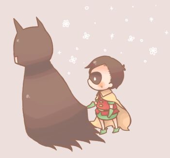 2boys batman batman_(series) bruce_wayne cape chibi dc_comics dick_grayson family father_and_son green_footwear male_focus mask multiple_boys nata_de_coco pixie_boots robin_(dc) shoes snow