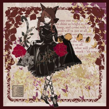 Rule 34 | 1girl, animal ears, atelier tefu, black bow, black dress, black flower, black ribbon, black shoes, border, bow, braid, braided sidelocks, brown background, brown border, brown eyes, brown flower, brown hair, cat ears, cat girl, cat tail, closed mouth, clothes lift, commentary request, dress, dress lift, english text, flower, flower request, footwear bow, frilled dress, frills, hair bow, head tilt, highres, kaenbyou rin, leaf, leg ribbon, limited palette, long sleeves, looking at viewer, multiple tails, poem, red flower, ribbon, rose, shoes, short hair with long locks, smile, solo, split mouth, tail, touhou