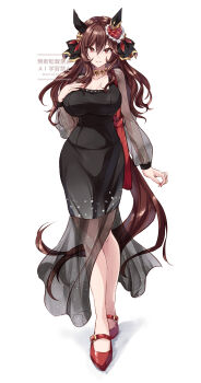 1girl animal_ears black_dress breasts brown_hair collarbone commentary_request dress ear_covers ear_ornament full_body gentildonna_(umamusume) gold_choker hair_between_eyes hair_ornament heart-shaped_ornament heart_ear_ornament highres horse_ears horse_girl horse_tail large_breasts long_hair long_sleeves looking_at_viewer parted_lips red_eyes red_nails red_shoes see-through_clothes see-through_sleeves shoes simple_background smile solo tail umamusume white_background yue_(lov_n_n)