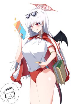 1girl absurdres doodle_sensei_(blue_archive) blue_archive buruma commentary demon_wings eyewear_on_head glasses grin gym_shirt gym_uniform halo haruna_(blue_archive) haruna_(track)_(blue_archive) highres jacket jacket_on_shoulders long_hair plentyofempty red_buruma red_eyes red_jacket sensei_(blue_archive) shirt smile solo_focus symbol-only_commentary track_jacket white_hair white_shirt wings