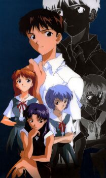 1boy 3girls absurdres ayanami_rei blue_hair closed_mouth highres ikari_shinji multiple_girls neon_genesis_evangelion official_art orange_hair purple_hair red_ribbon ribbon sadamoto_yoshiyuki school_uniform shirt short_hair sitting souryuu_asuka_langley tokyo-3_middle_school_uniform white_shirt