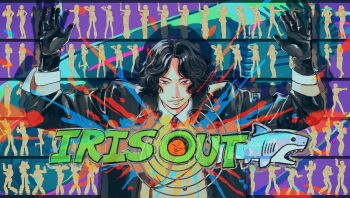 1boy absurdres apyoneaka0201 arms_up black_eyes black_gloves black_hair black_jacket collared_shirt colorful_background commentary copyright_name english_commentary english_text gloves grin half-closed_eyes highres iris_out_(song) jacket looking_at_viewer male_focus medium_hair multiple_girls necktie parted_bangs reze_dance shark shirt smile solo_focus upper_body w_arms white_shirt yonezu_kenshi_(person)