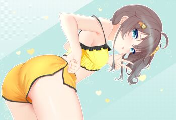 1girl ahoge armpit_crease ass bare_arms bare_shoulders bent_over blue_eyes breasts brown_hair closed_mouth cowboy_shot crop_top dolphin_shorts felixkohai frilled_shirt frills from_behind hair_ornament hair_scrunchie highres hololive long_hair looking_at_viewer looking_back midriff natsuiro_matsuri natsuiro_matsuri_(matsuri&#039;s_day_off) scrunchie shirt short_shorts shorts side_ponytail small_breasts smile solo spaghetti_strap strap_slip thighs tongue tongue_out v v-shaped_eyebrows virtual_youtuber yellow_shirt yellow_shorts