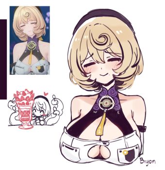 1girl armpit_crease bare_shoulders biyon_tran black_hat black_streaks blonde_hair blush breasts closed_eyes closed_mouth commentary cropped_torso cup doodle_inset double-parted_bangs english_commentary facing_viewer food hair_between_eyes hat ice_cream large_breasts mole mole_under_mouth multicolored_hair multiple_views raised_inner_eyebrows reference_inset shirt short_hair simple_background streaked_hair white_background white_shirt yidhari_murphy zenless_zone_zero